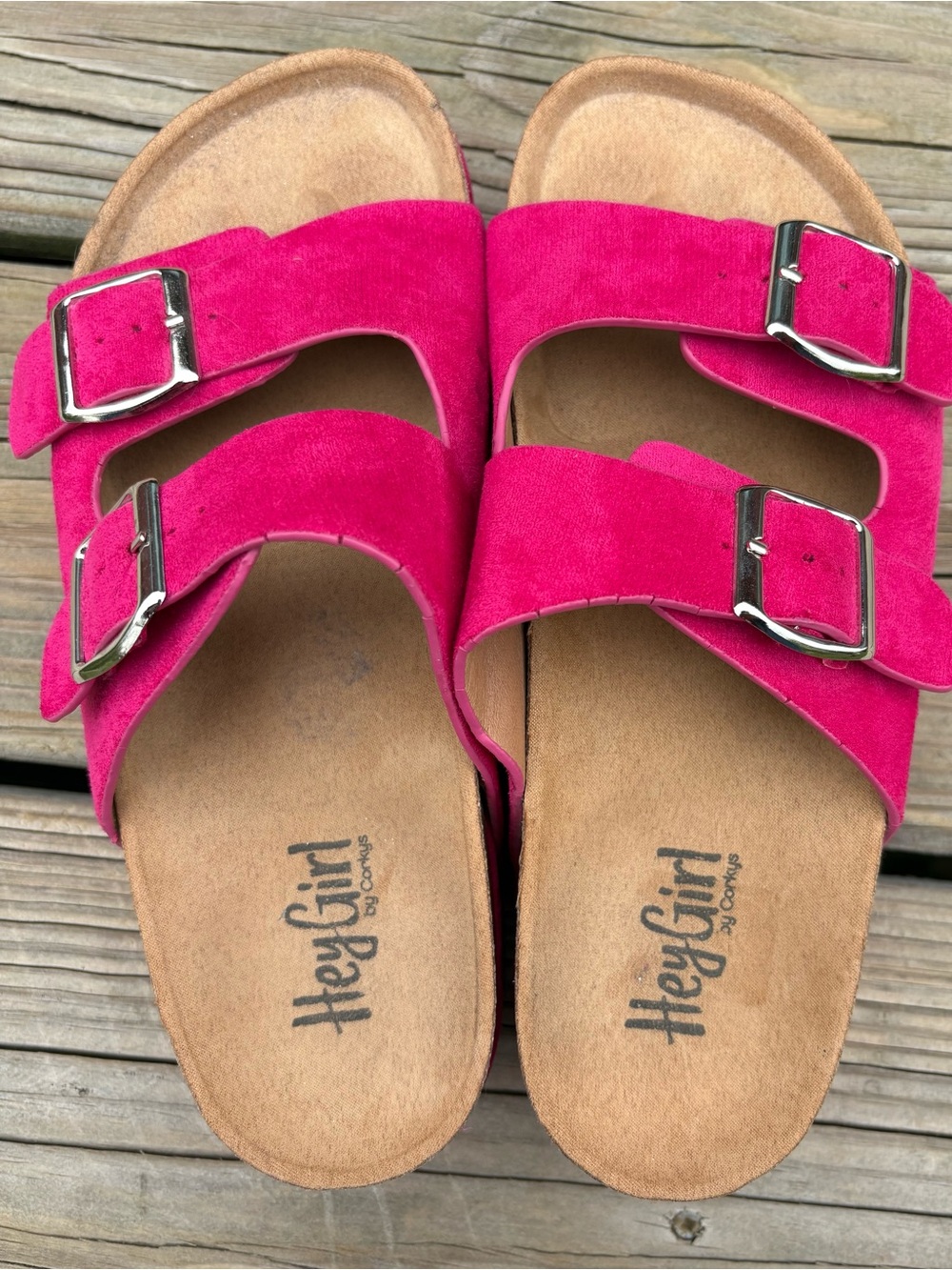 Corkys Hot Pink Double Buckle Suede Slide Sandals - Picture 2 of 5